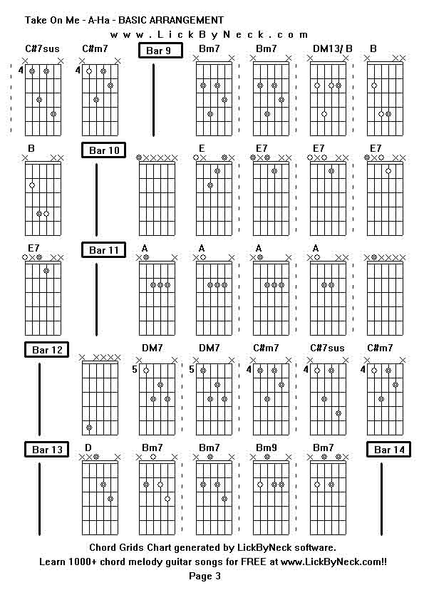 Chord Grids Chart of chord melody fingerstyle guitar song-Take On Me - A-Ha - BASIC ARRANGEMENT,generated by LickByNeck software.